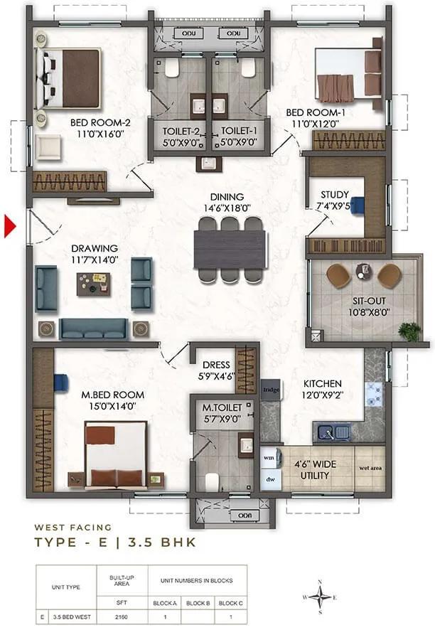 Ramky Odyssey 3.5 BHK floor plan, about 2,160 sq ft