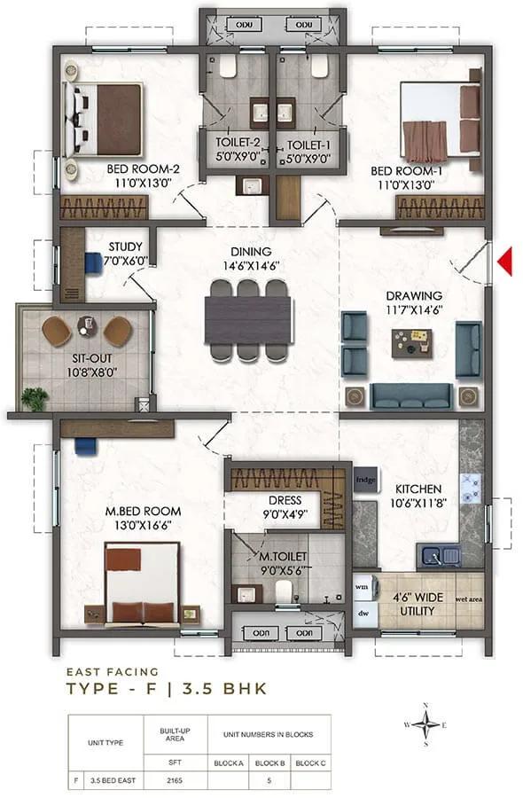 Ramky Odyssey 3.5 BHK floor plan, about 2,165 sq ft
