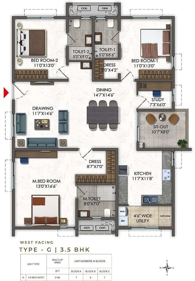 Ramky Odyssey 3.5 BHK floor plan, about 2,180 sq ft