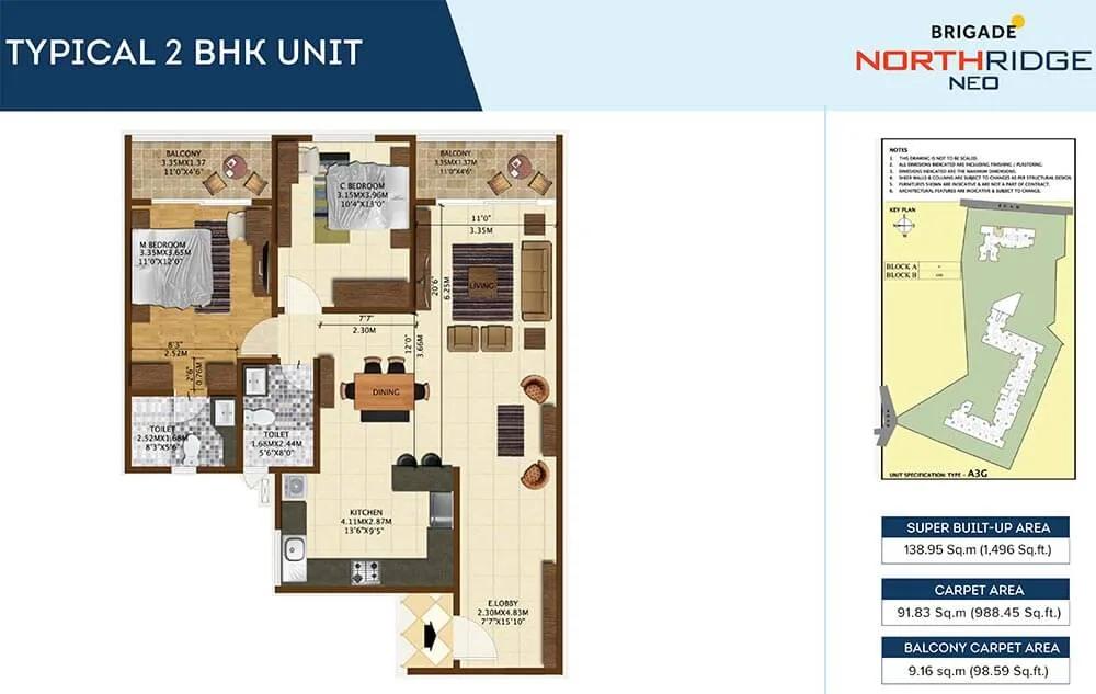 Brigade Northridge Neo 2 BHK floor plan, about 1,496 sq ft