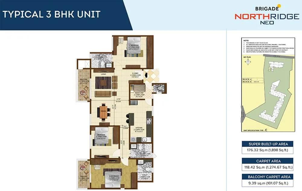 Brigade Northridge Neo 3 BHK floor plan, about 1,898 sq ft