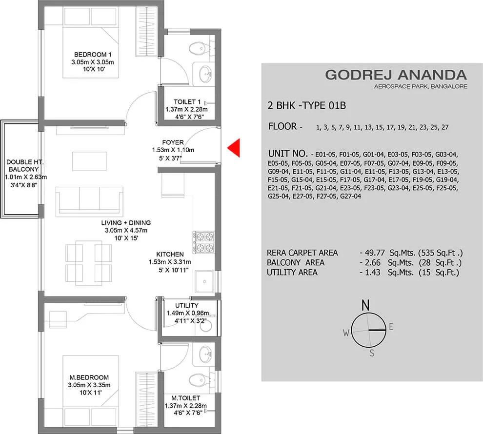 Godrej Ananda Phase 2 2 BHK floor plan, about 535 sq ft