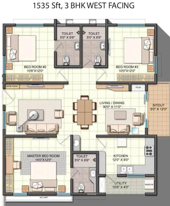 NCC Urban One 3 BHK floor plan, about 1,535 sq ft