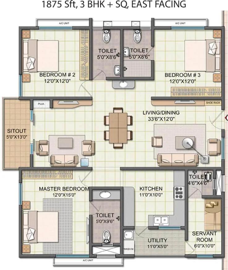 NCC Urban One 3 BHK floor plan, about 1,875 sq ft