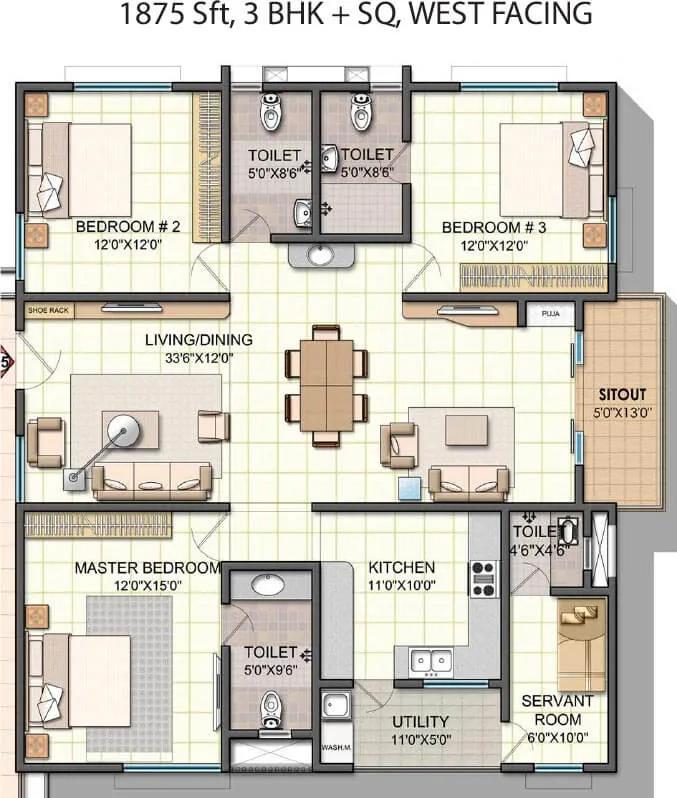 NCC Urban One 3 BHK floor plan, about 1,875 sq ft
