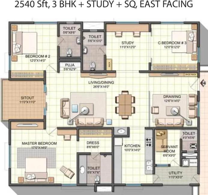 NCC Urban One 3 BHK floor plan, about 2,540 sq ft