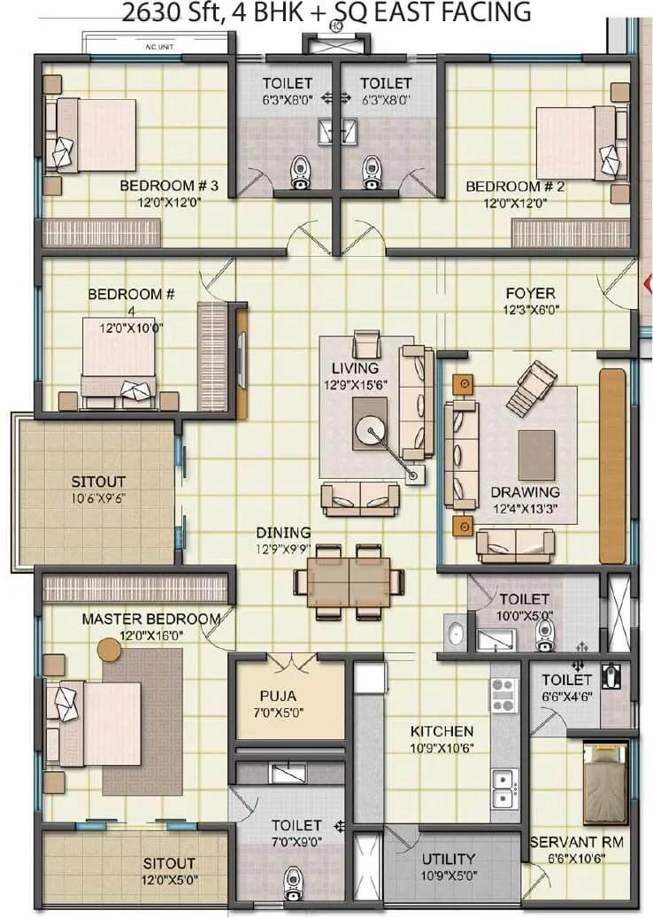 NCC Urban One 4 BHK floor plan, about 2,630 sq ft