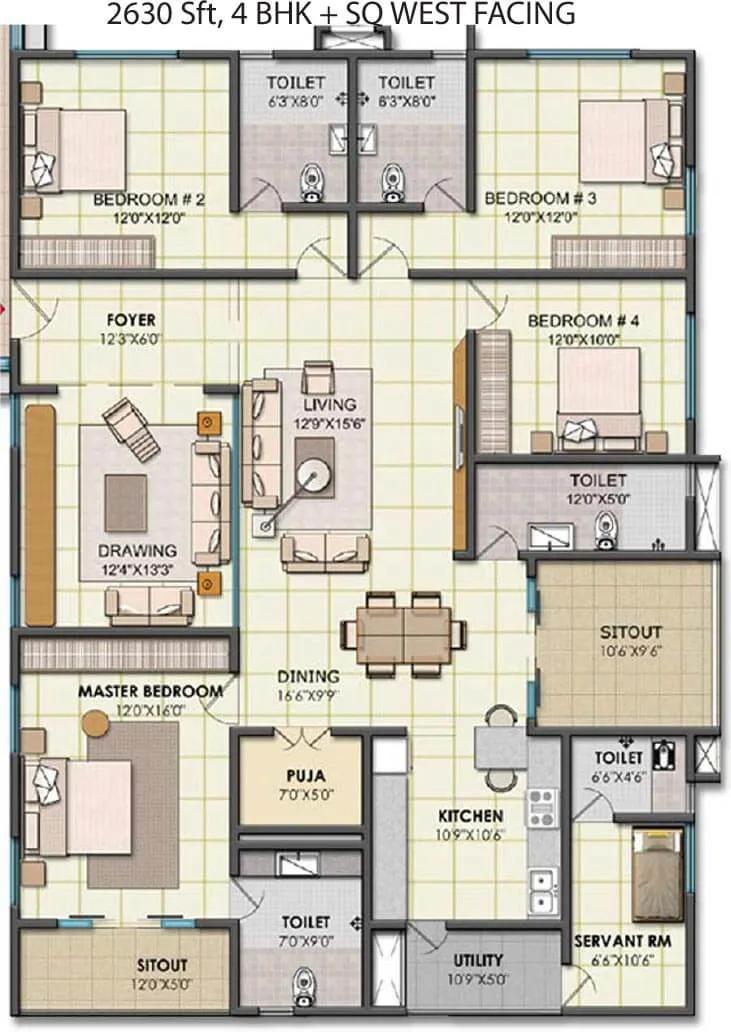 NCC Urban One 4 BHK floor plan, about 2,630 sq ft