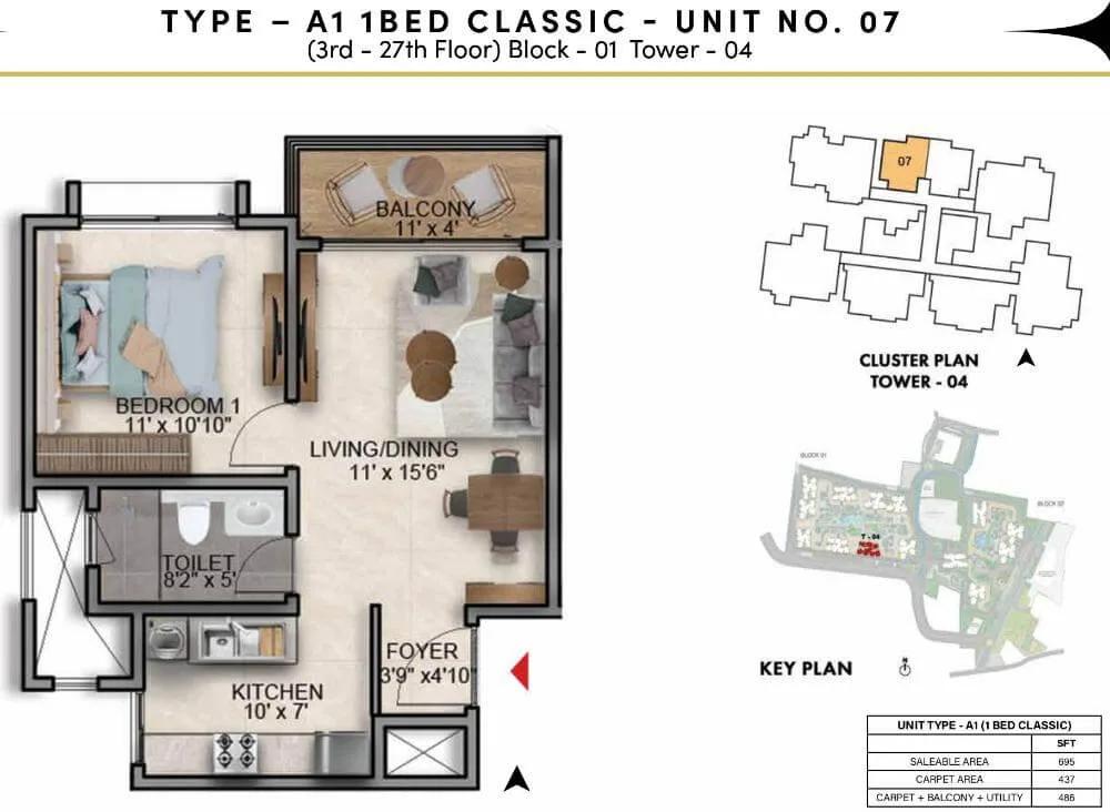 Prestige Southern Star 1 BHK floor plan, about 695 sq ft
