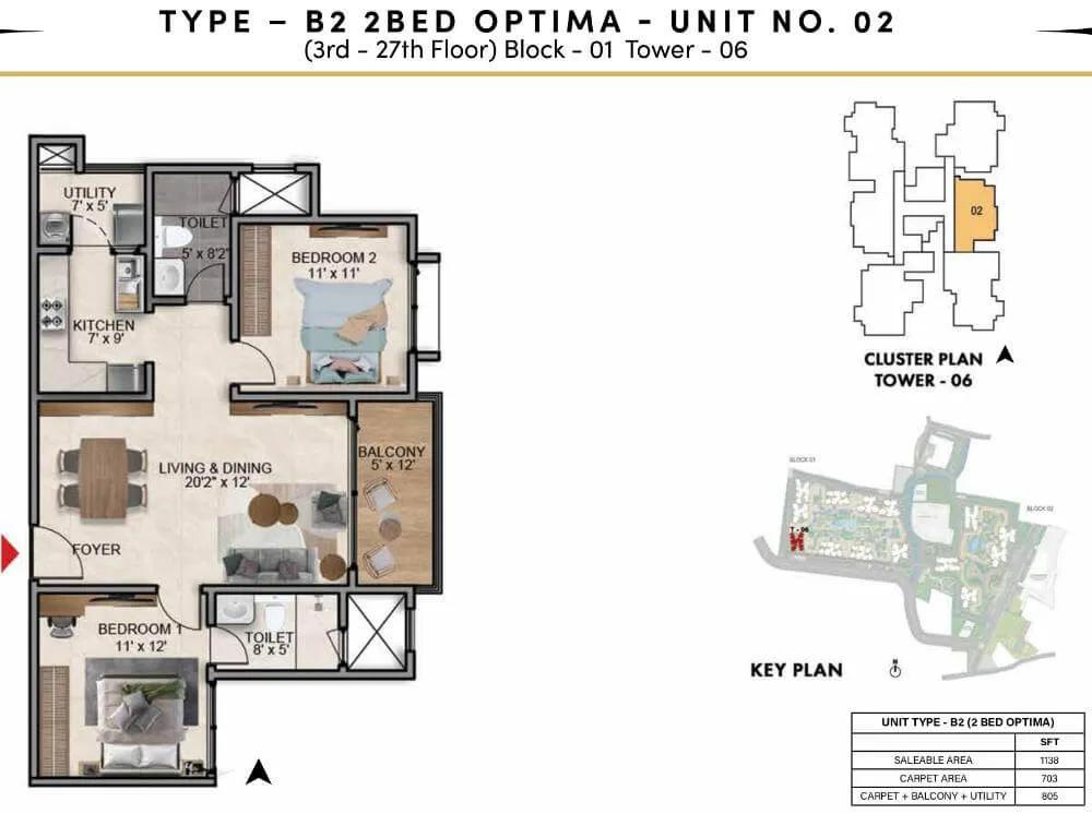 Prestige Southern Star 2 BHK floor plan, about 1,138 sq ft