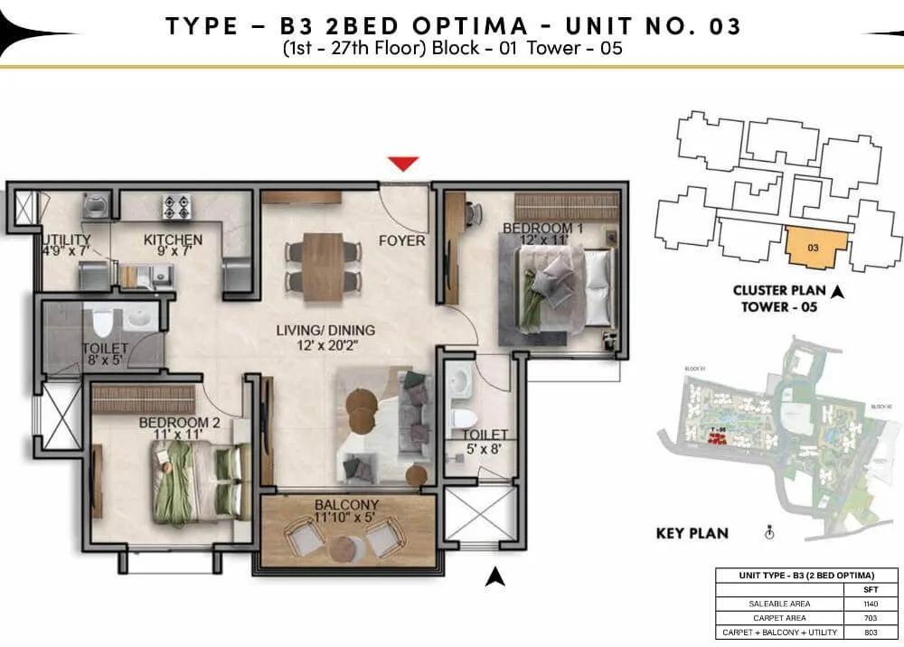 Prestige Southern Star 2 BHK floor plan, about 1,140 sq ft