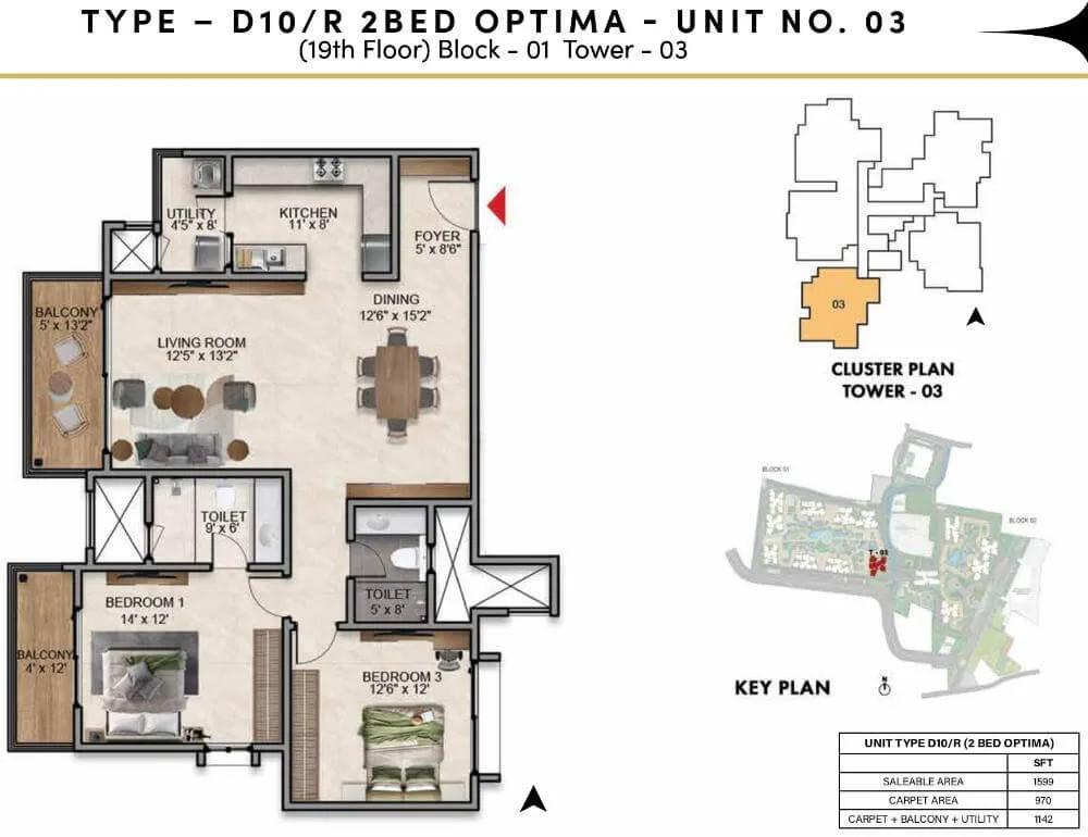 Prestige Southern Star 2 BHK floor plan, about 1,599 sq ft