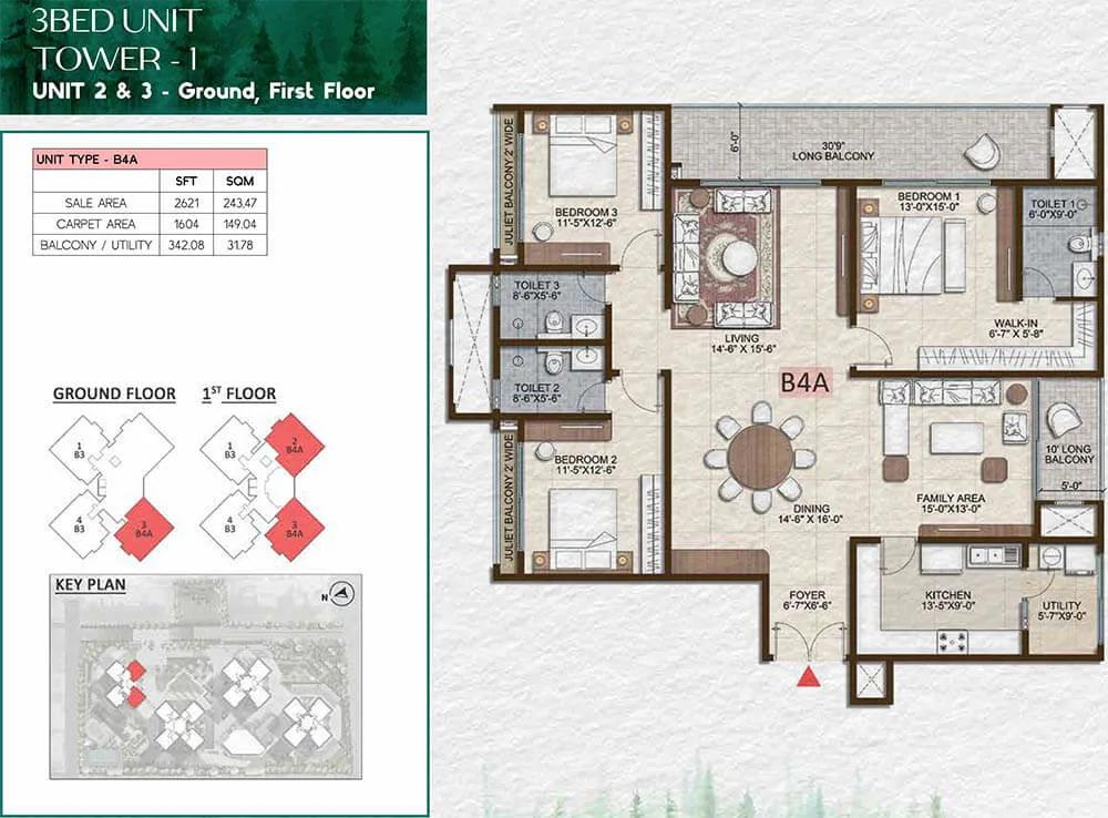 Prestige Pine Forest 3 BHK floor plan, about 2,621 sq ft