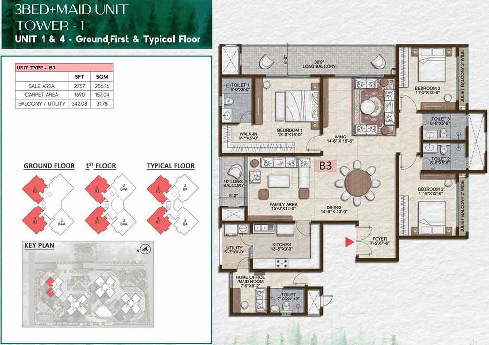 Prestige Pine Forest 3 BHK floor plan, about 2,757 sq ft