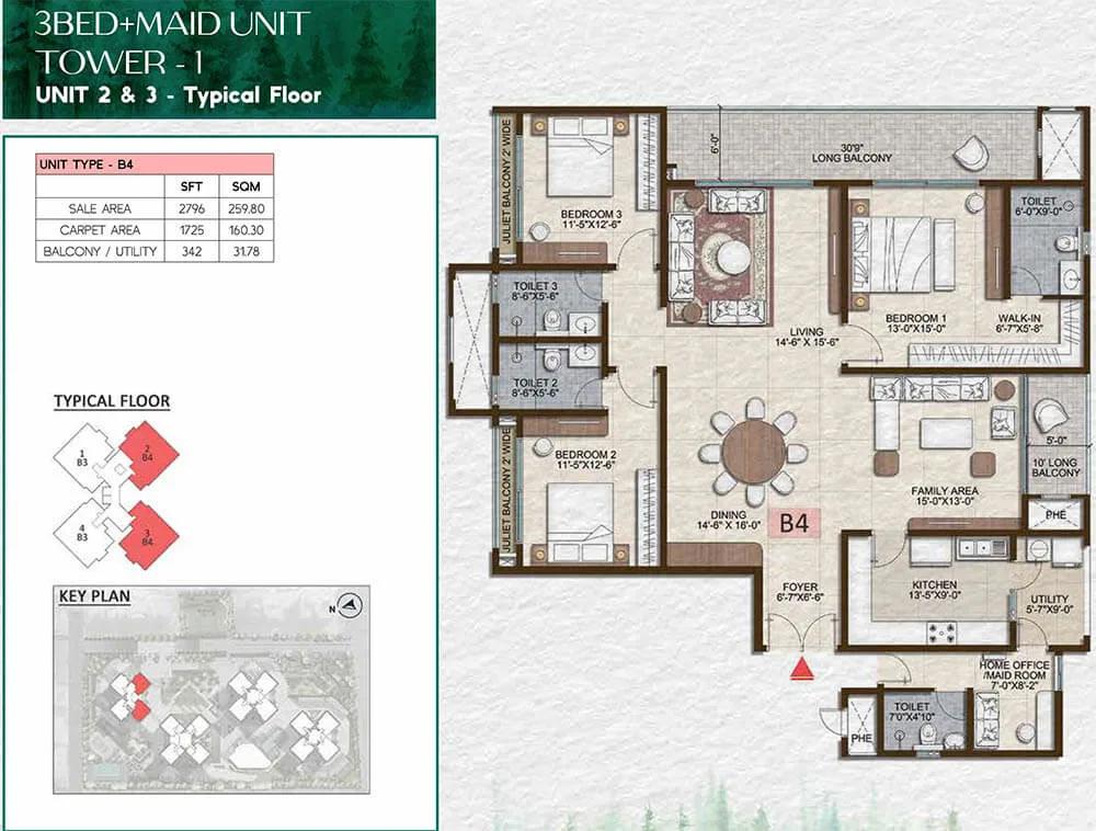 Prestige Pine Forest 3 BHK floor plan, about 2,796 sq ft