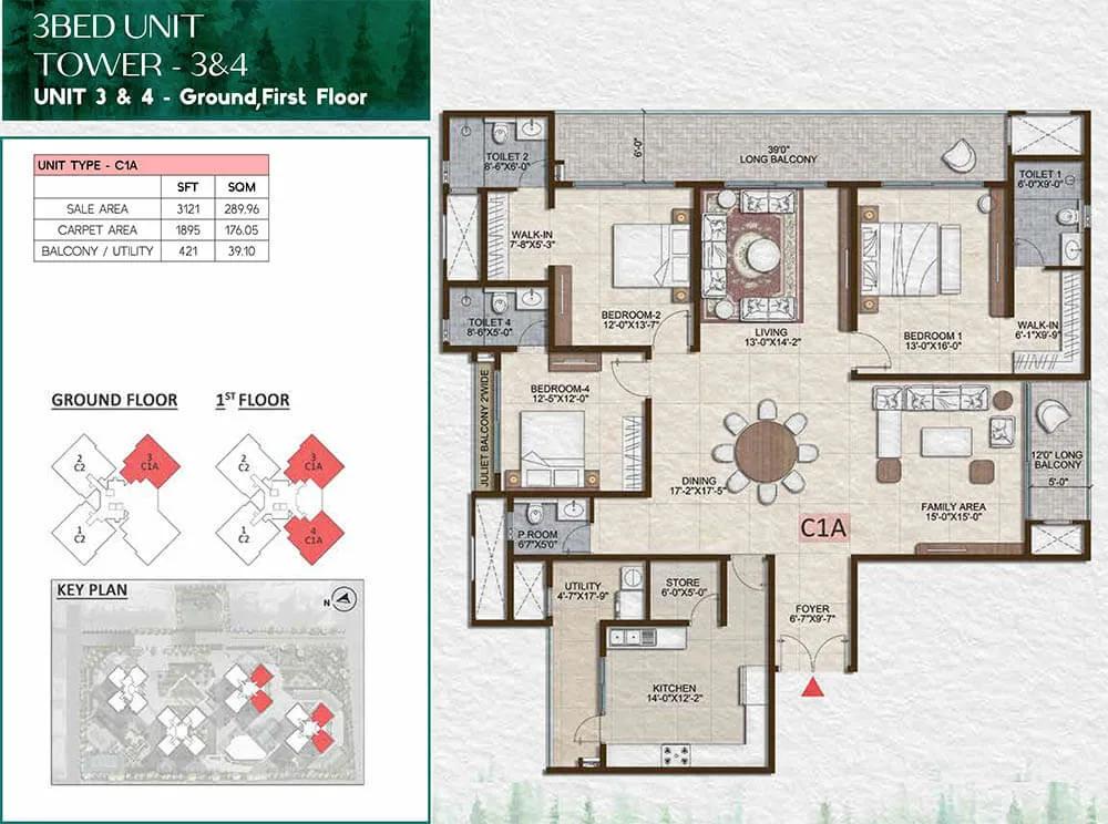 Prestige Pine Forest 3 BHK floor plan, about 3,121 sq ft