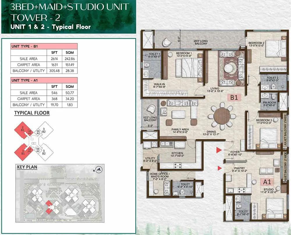 Prestige Pine Forest 3 BHK floor plan, about 2,614 sq ft