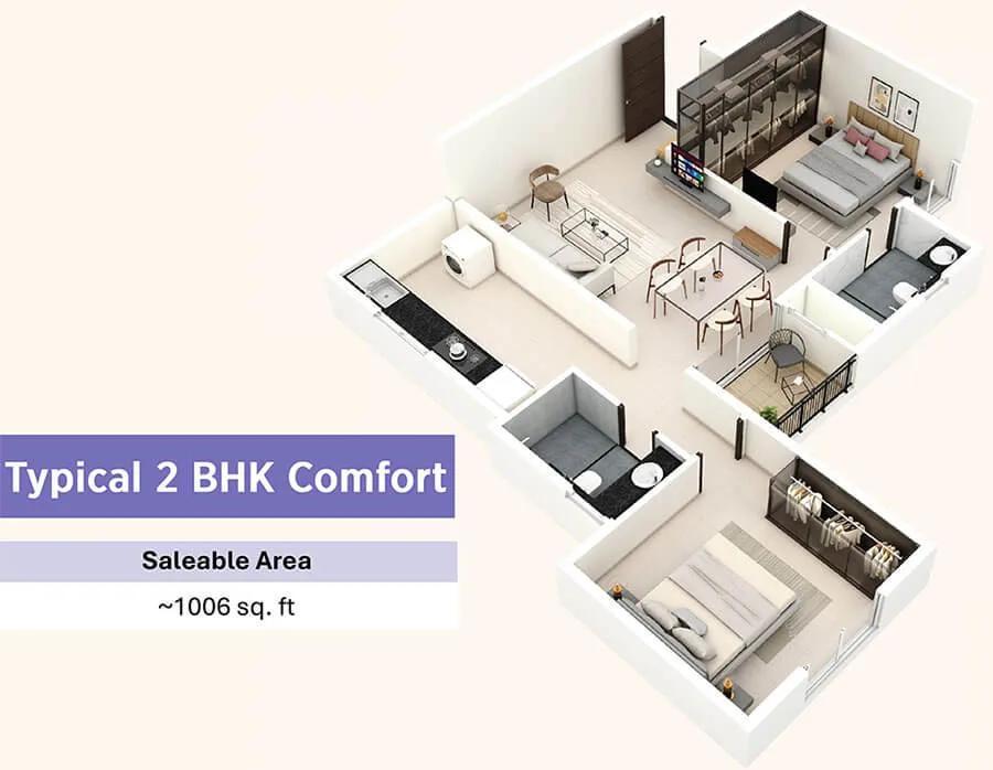 Provident Bayscape 2 BHK floor plan, about 1,006 sq ft