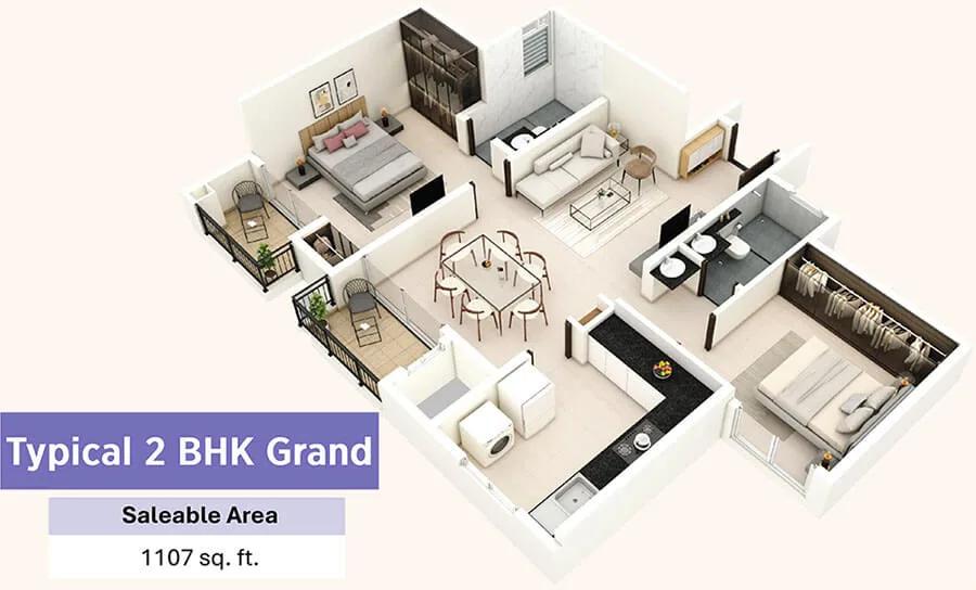 Provident Bayscape 2 BHK floor plan, about 1,107 sq ft