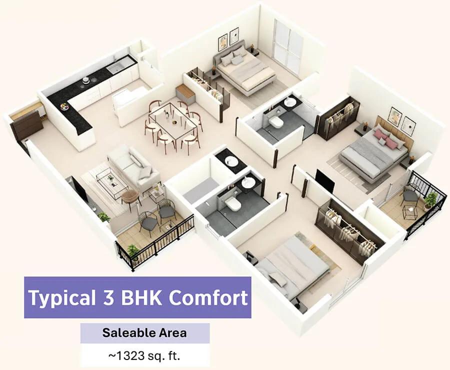Provident Bayscape 3 BHK floor plan, about 1,323 sq ft