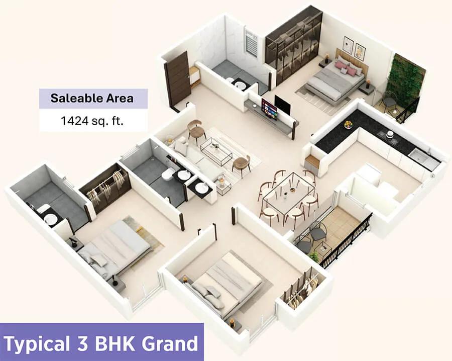 Provident Bayscape 3 BHK floor plan, about 1,424 sq ft