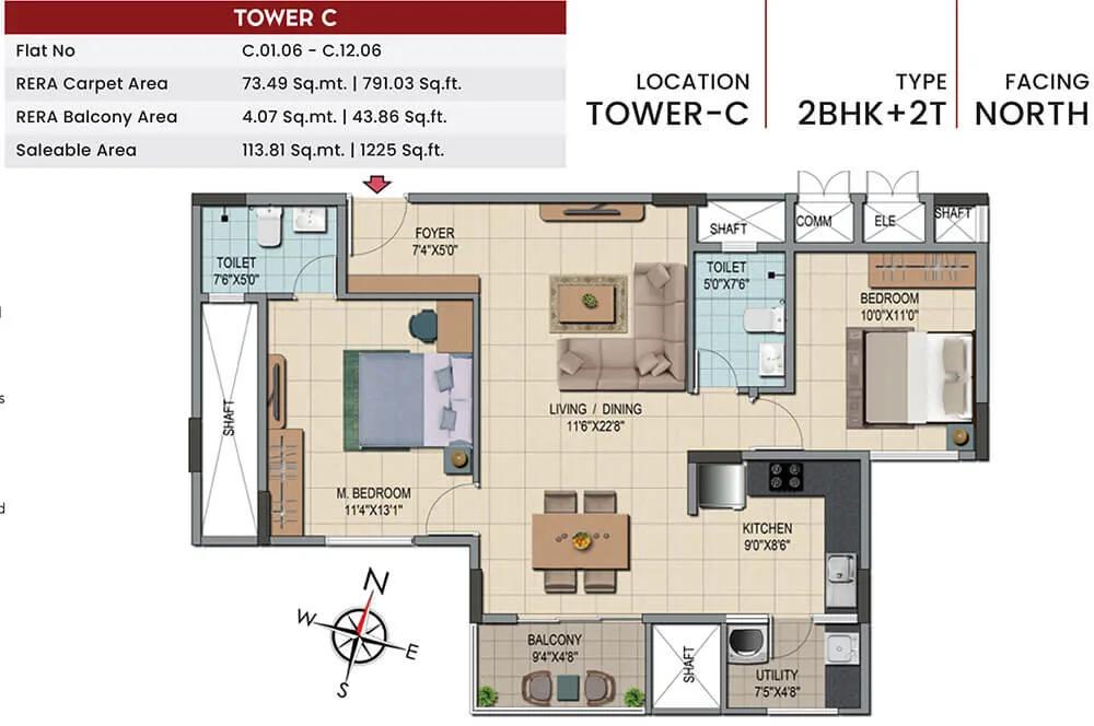 Shriram Codename Smash Hit 2 BHK floor plan, about 1,225 sq ft