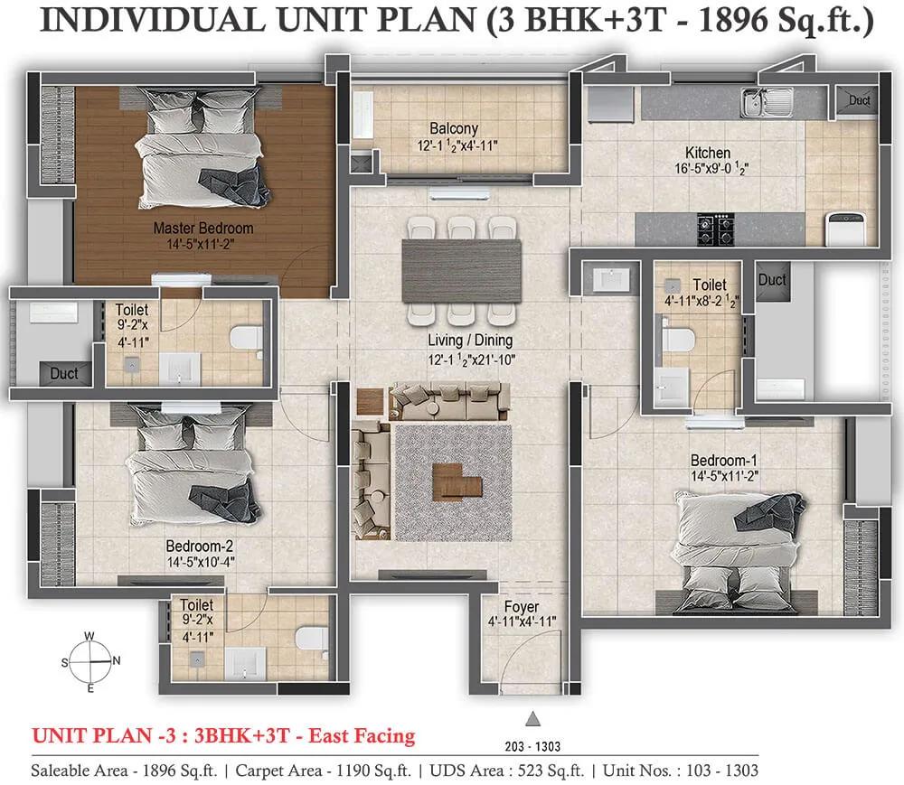 DRA Infinique Apartments 3 BHK floor plan, about 1,896 sq ft