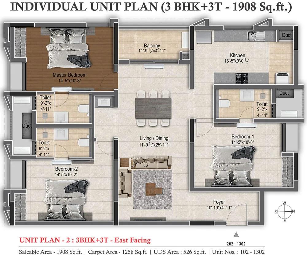 DRA Infinique Apartments 3 BHK floor plan, about 1,908 sq ft