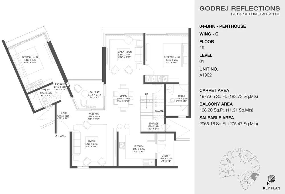 Godrej Reflections Phase 2 4 BHK floor plan, about 2,965 sq ft