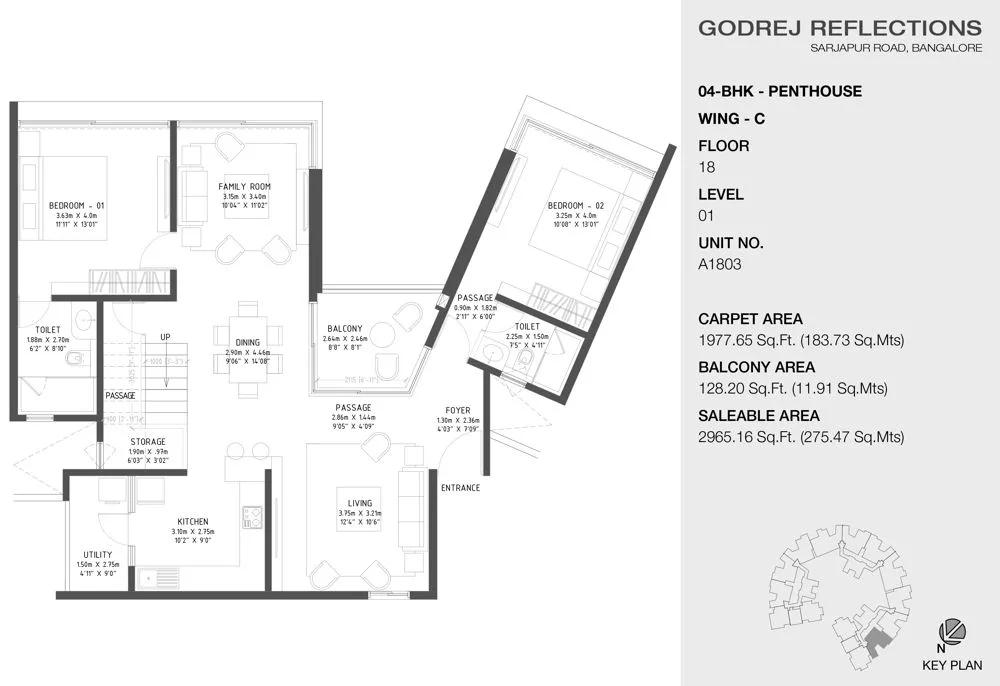 Godrej Reflections Phase 2 4 BHK floor plan, about 2,965 sq ft