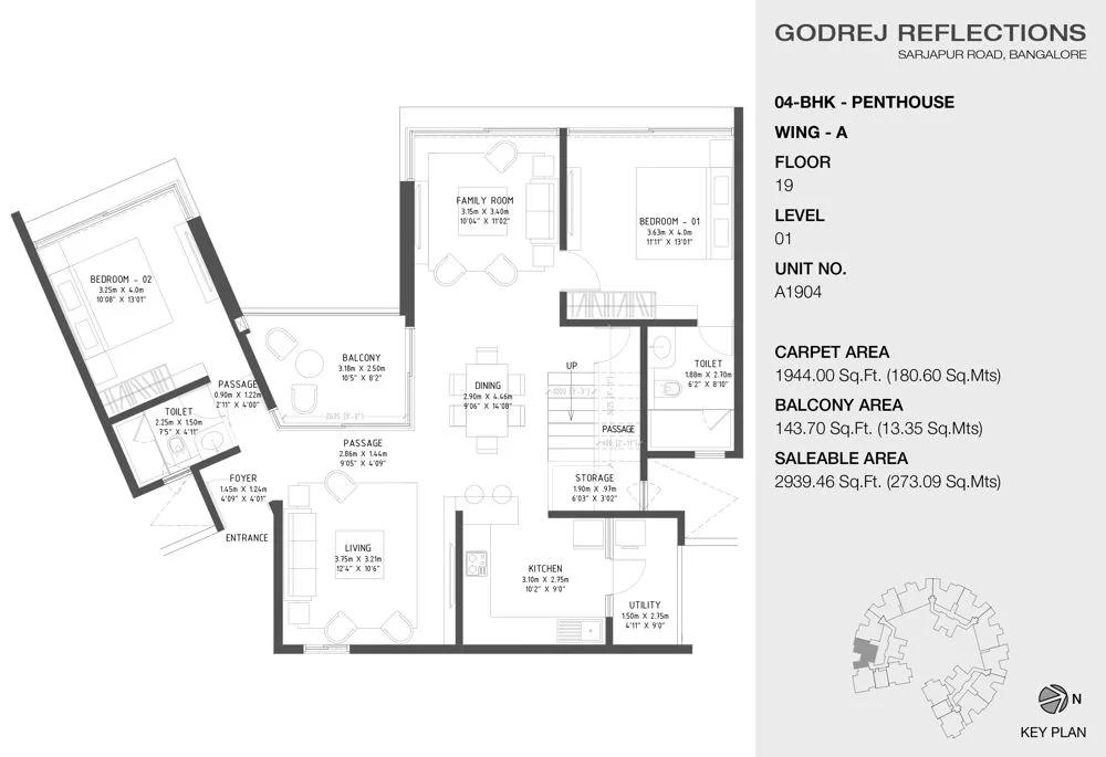 Godrej Reflections Phase 2 4 BHK floor plan, about 2,939 sq ft