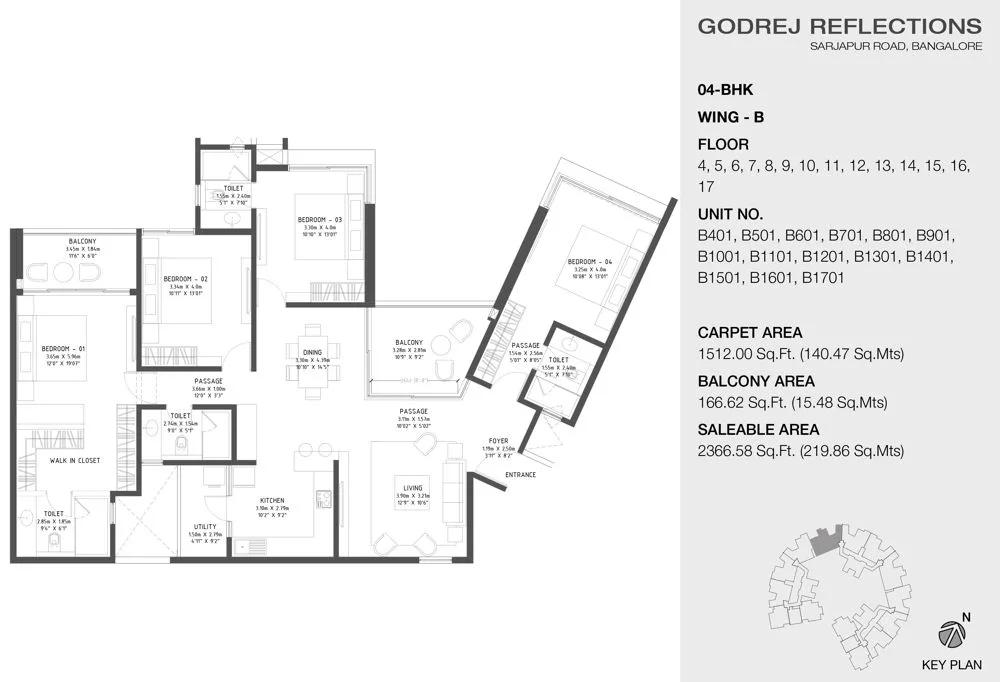 Godrej Reflections Phase 2 4 BHK floor plan, about 2,366 sq ft
