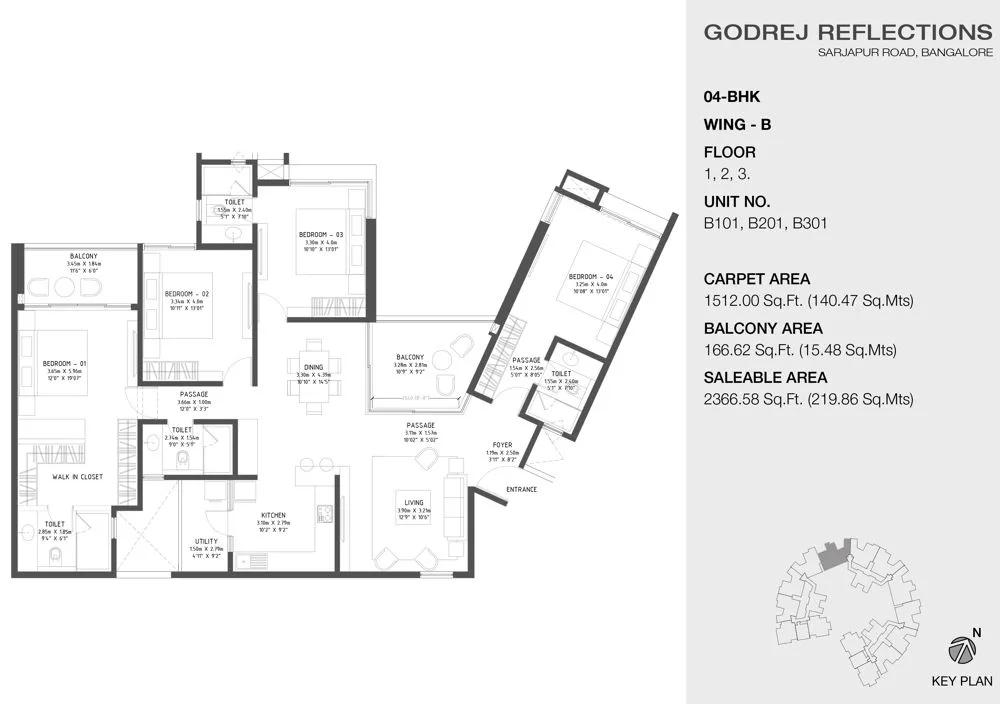 Godrej Reflections Phase 2 4 BHK floor plan, about 2,366 sq ft