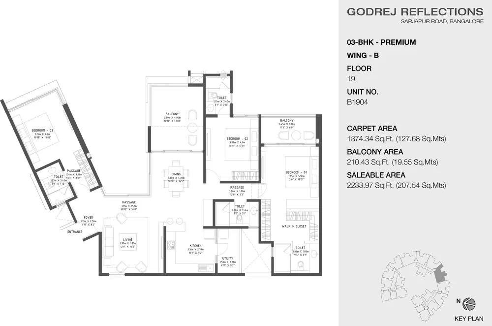 Godrej Reflections Phase 2 3 BHK floor plan, about 2,233 sq ft