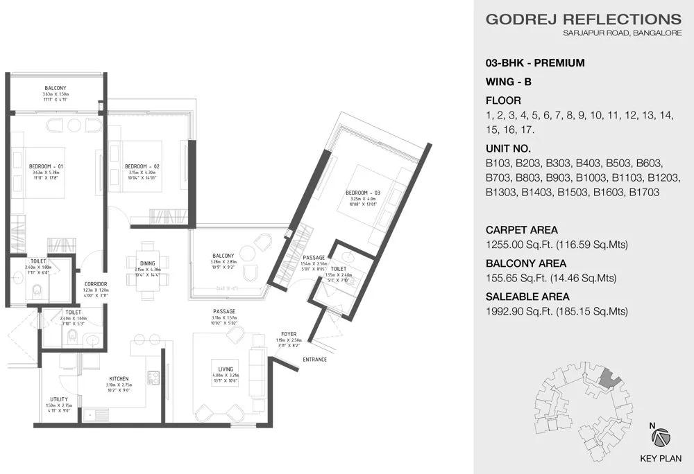 Godrej Reflections Phase 2 3 BHK floor plan, about 1,992 sq ft