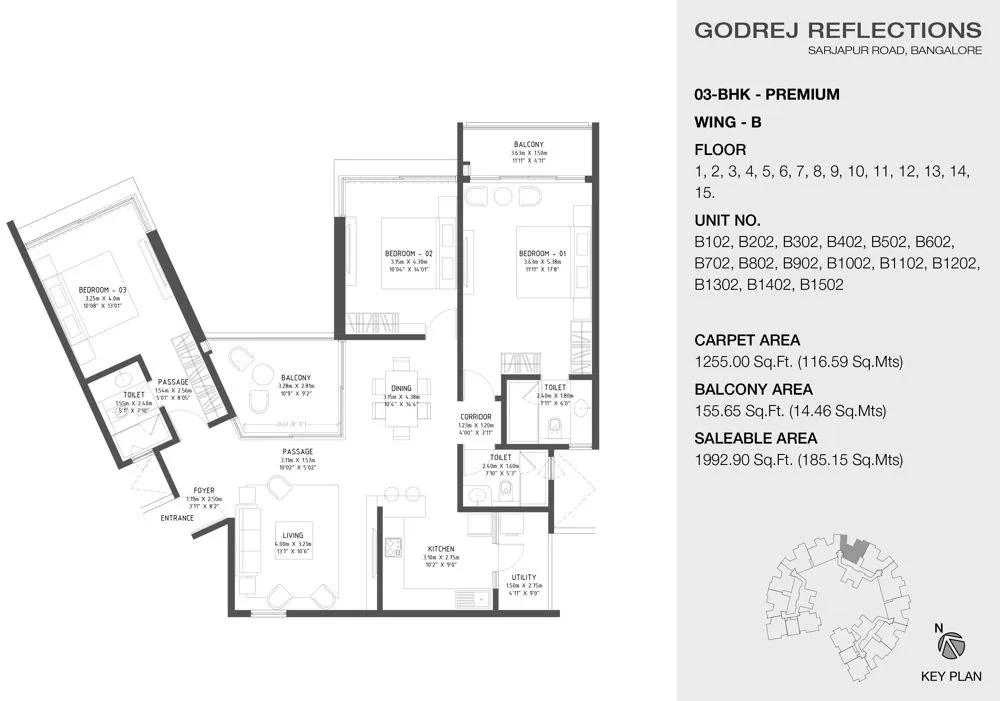 Godrej Reflections Phase 2 3 BHK floor plan, about 1,992 sq ft