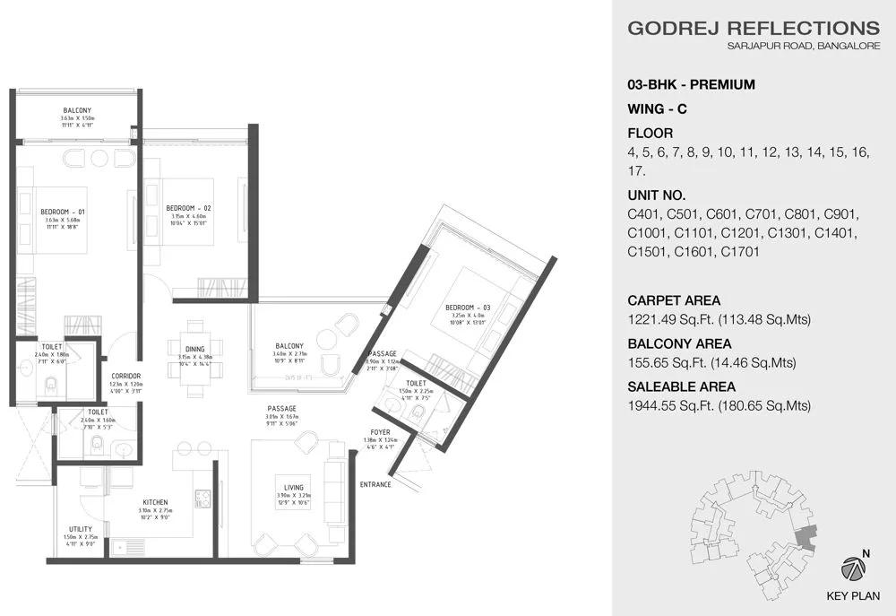 Godrej Reflections Phase 2 3 BHK floor plan, about 1,944 sq ft