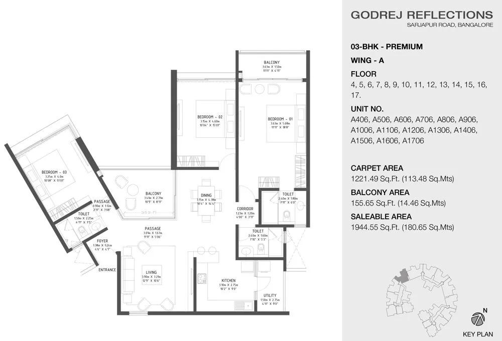 Godrej Reflections Phase 2 3 BHK floor plan, about 1,944 sq ft