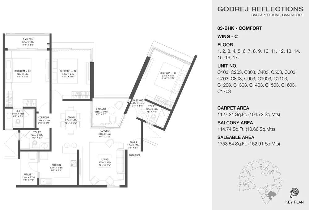 Godrej Reflections Phase 2 3 BHK floor plan, about 1,753 sq ft
