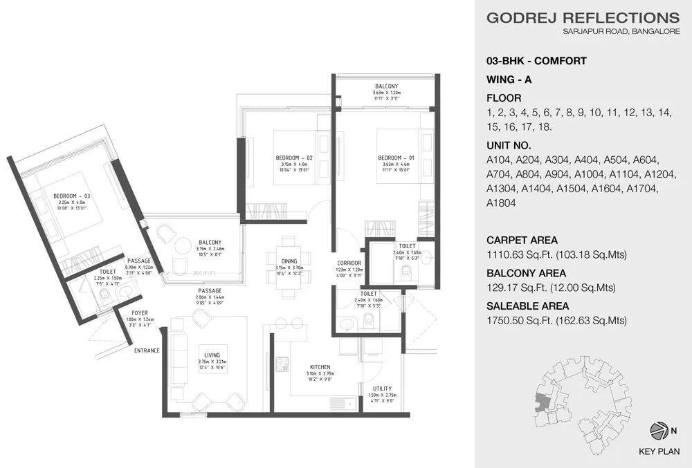 Godrej Reflections Phase 2 3 BHK floor plan, about 1,750 sq ft