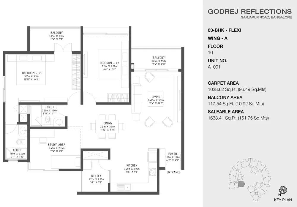 Godrej Reflections Phase 2 3 BHK floor plan, about 1,633 sq ft