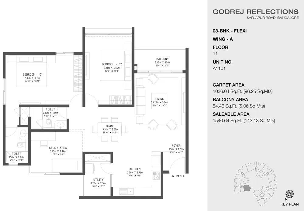 Godrej Reflections Phase 2 3 BHK floor plan, about 1,540 sq ft
