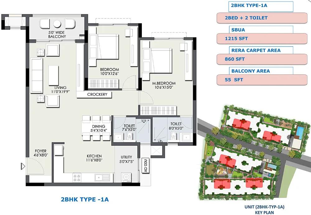 Ajmera IRIS Apartments 2 BHK floor plan, about 1,215 sq ft