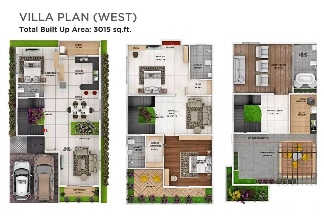 Sri Balaji Urban Retreat Villas 3 BHK floor plan, about 3,015 sq ft