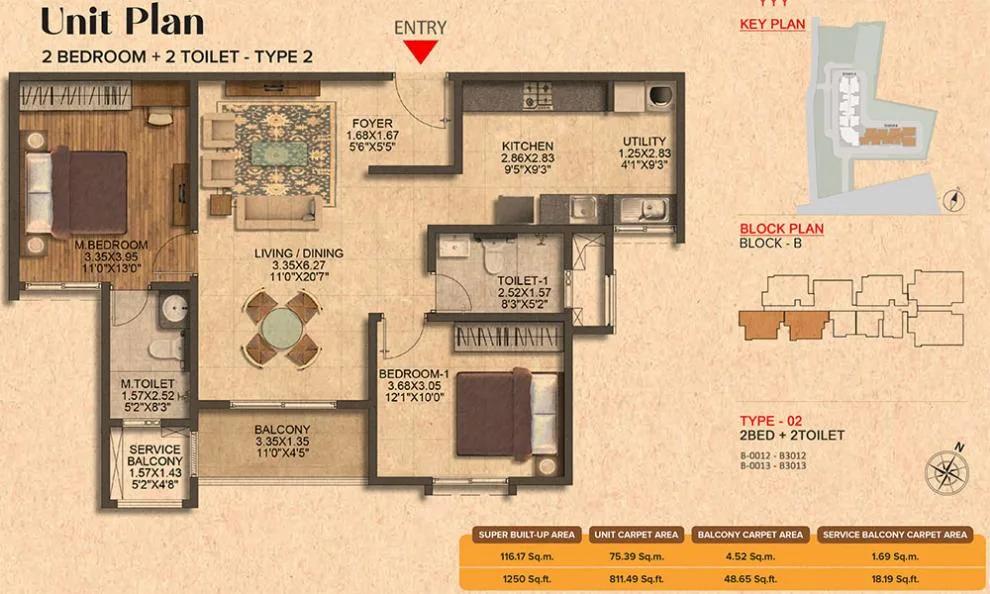 Brigade Citrine 2 BHK floor plan, about 1,250 sq ft