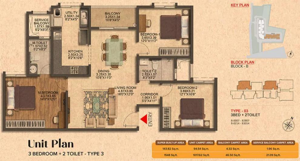 Brigade Citrine 3 BHK floor plan, about 1,548 sq ft