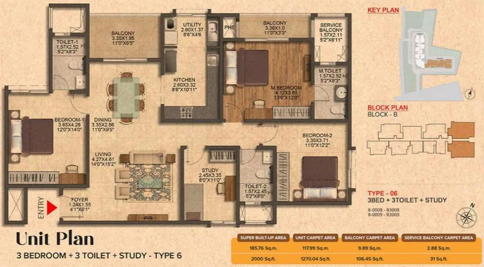 Brigade Citrine 3 BHK floor plan, about 2,000 sq ft
