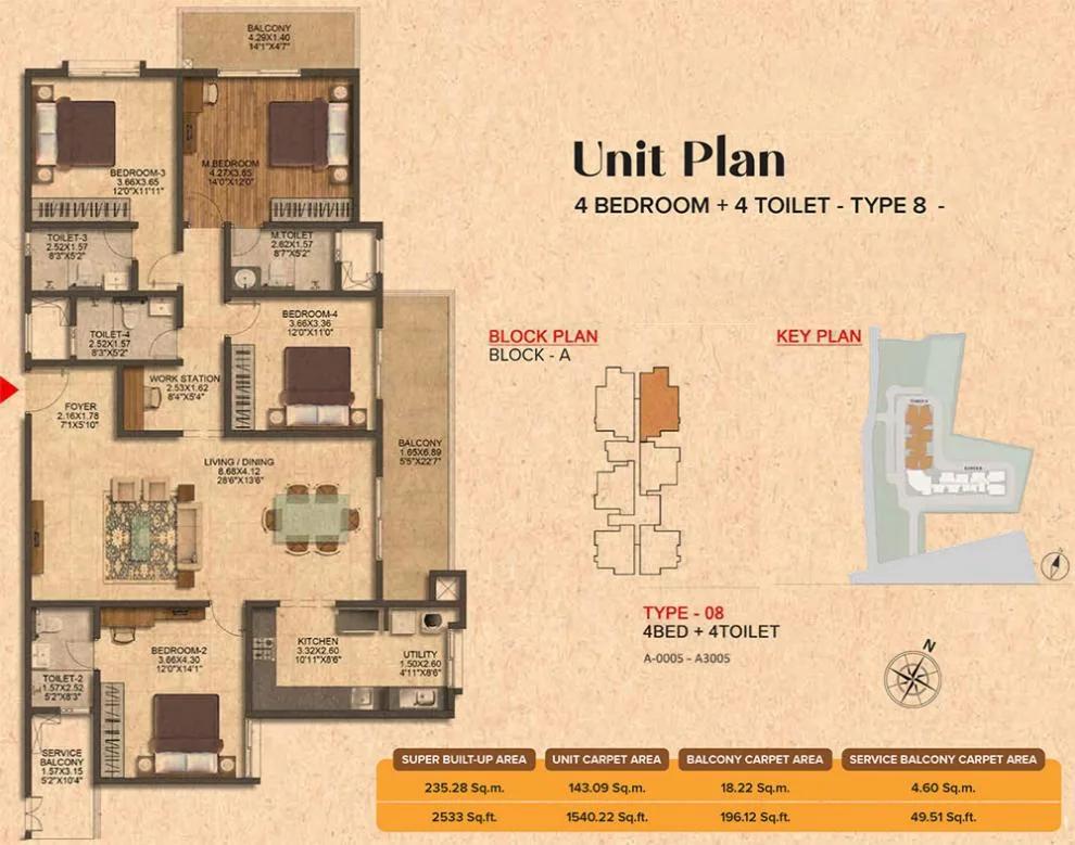 Brigade Citrine 4 BHK floor plan, about 2,533 sq ft