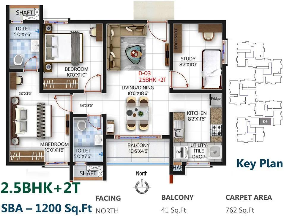 SBR One Residence 2.5 BHK floor plan, about 1,200 sq ft