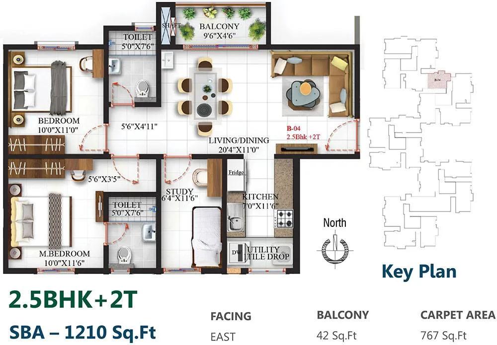 SBR One Residence 2.5 BHK floor plan, about 1,210 sq ft